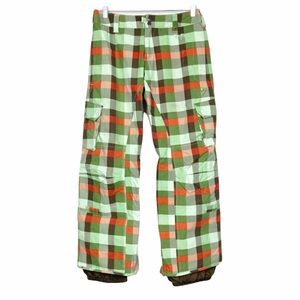 Burton stow cargo green orange plaid snowboard winter snow pants Sz small.